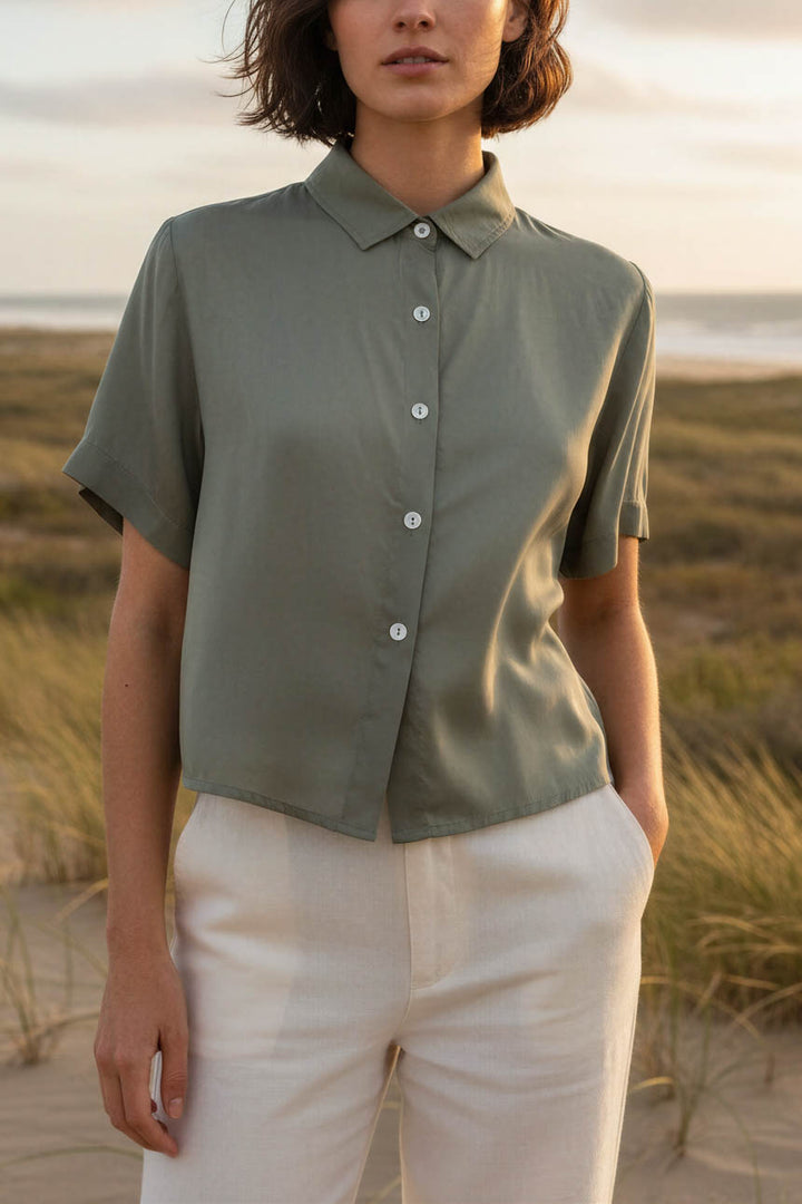 Camisa Crop Seda Verde