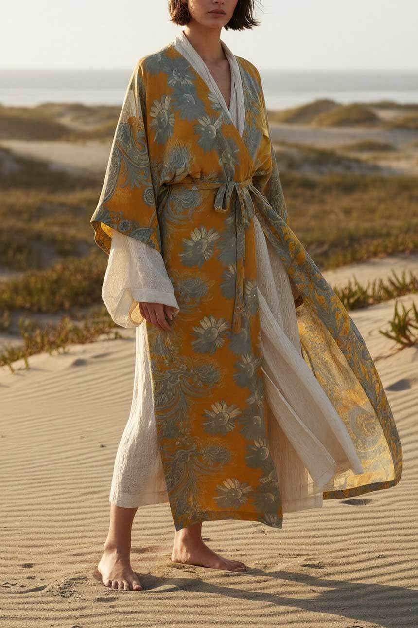 Kimono Vestido Manantial Seda Mostaza