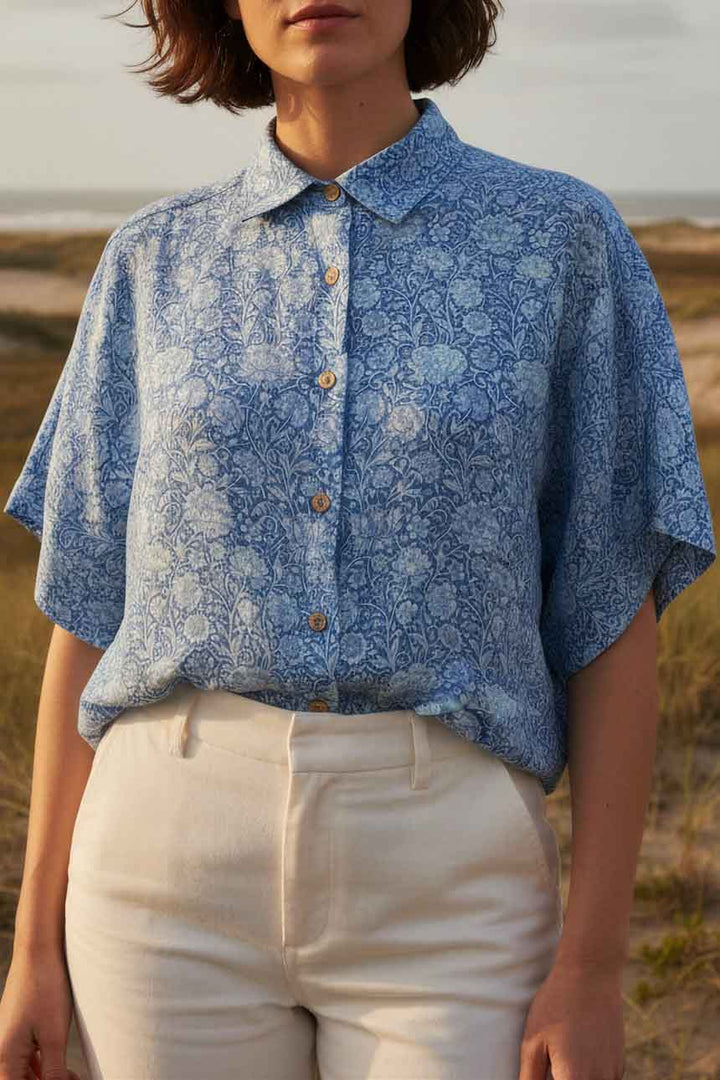 Camisa Crop Seda Celeste